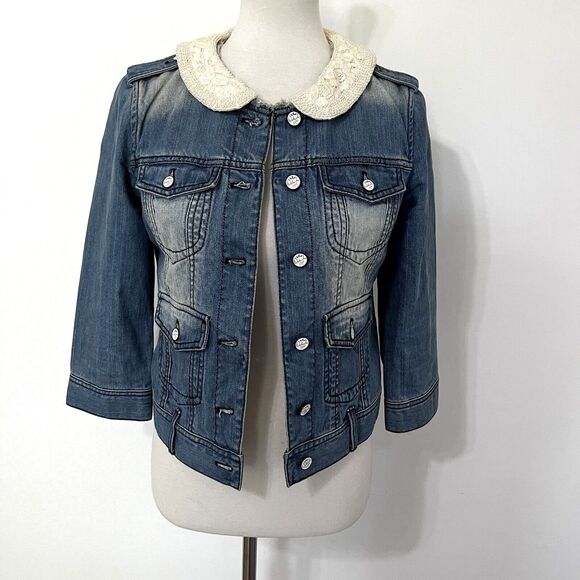 Ochirly Denim Jacket Womens Small Blue Lace Pearl Studded Button Up SIZE NOTE - Picture 1 of 8